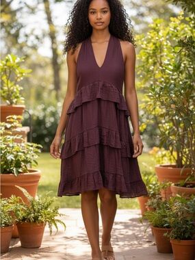Sleeveless V-Neck Tiered Midi Dress in Deep Plum